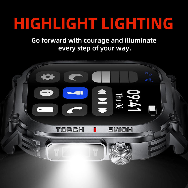 Military Smart Watch Sport Fitness Tracker, with LED Flashlight, 3ATM Waterproof, Answer/Make Calls Message Notification,Heart Rate Blood Oxygen Sleep Monitor, 2.02“ Big Screen, for iPhone/Android