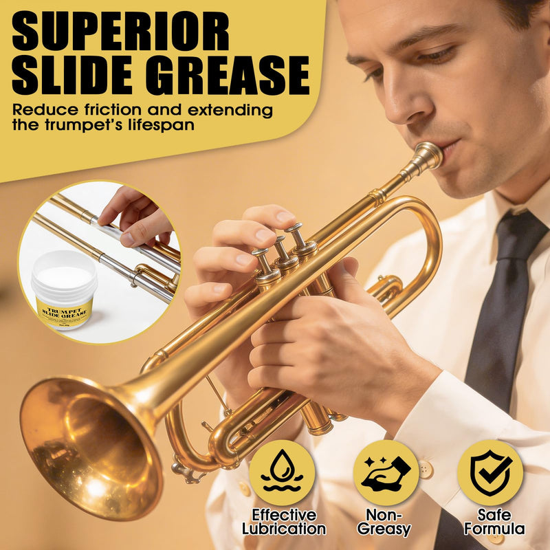 Trumpet Cleaning Kit, Trumpet Care Kit (Valve Oil, Slide Grease, Mouthpiece Brush, Bore Brushe, Piston Brush, Microfiber Cloth, Jnjector and Bent Tube Needle), Maintain Trumpet and Sound Quality