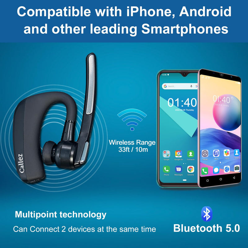 Bluetooth Headset for iPhone Android Cell Phone, Bluetooth Earpiece V5.0 with CVC8.0 Dual Mic Noise Cancelling & Mute/Volume Buttons, Hands-Free Wireless Headset for Trucker Business Office Black