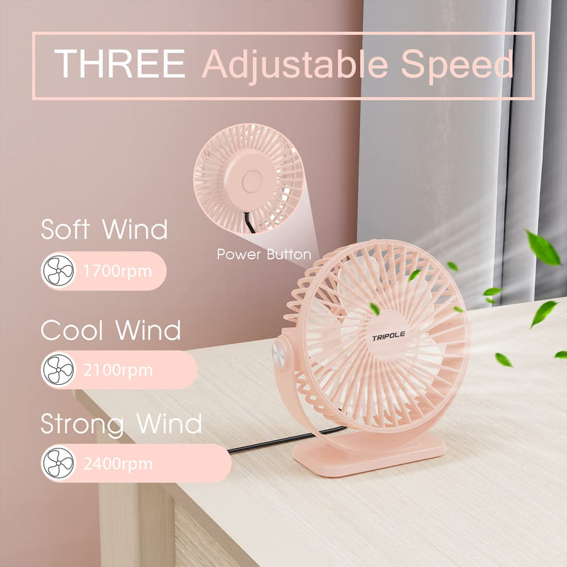 TriPole Mini Desk Fan USB Powered Portable Fan 3 Speeds Strong Airflow Small Fan 360°Rotation Personal Fan 5.1 Inch Table Fan for Home Office Bedroom Desktop, Pink, 4.9ft Cable
