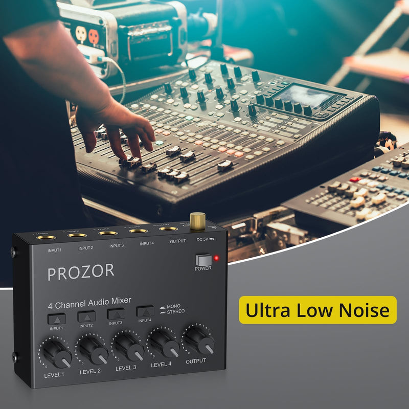 [AUSTRALIA] - PROZOR Mini Audio Mixer 4 Channel Line Mixer - USB-C Powered Sub Mixer with Volume Control & Stereo Mono Switch, Compact Low Noise Audio Mixer for Guitar, Bass, Keyboard, Recording, Streaming 