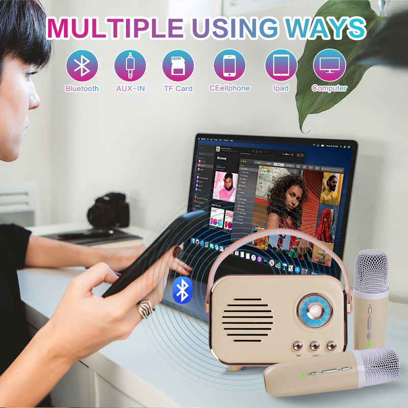 [AUSTRALIA] - Retro Karaoke Machine,Mini Karaoke Machine with 2 Wireless Microphones,Portable Small Karaoke Set Toys for Kids and Adults,Cool Tech Gifts for Birthday Home Party Ideas (Beige 2 Mic) Beige 2 Mic 