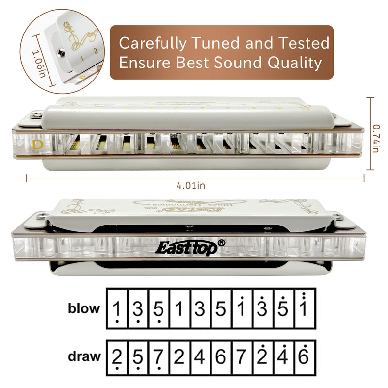 East top Blues Harmonica, 10 Holes 20 Tones Diatonic Blues Mouth Organ Harmonica Key of D with White Cover, T008L Harmonica for Adults, Professionals and Students white-D