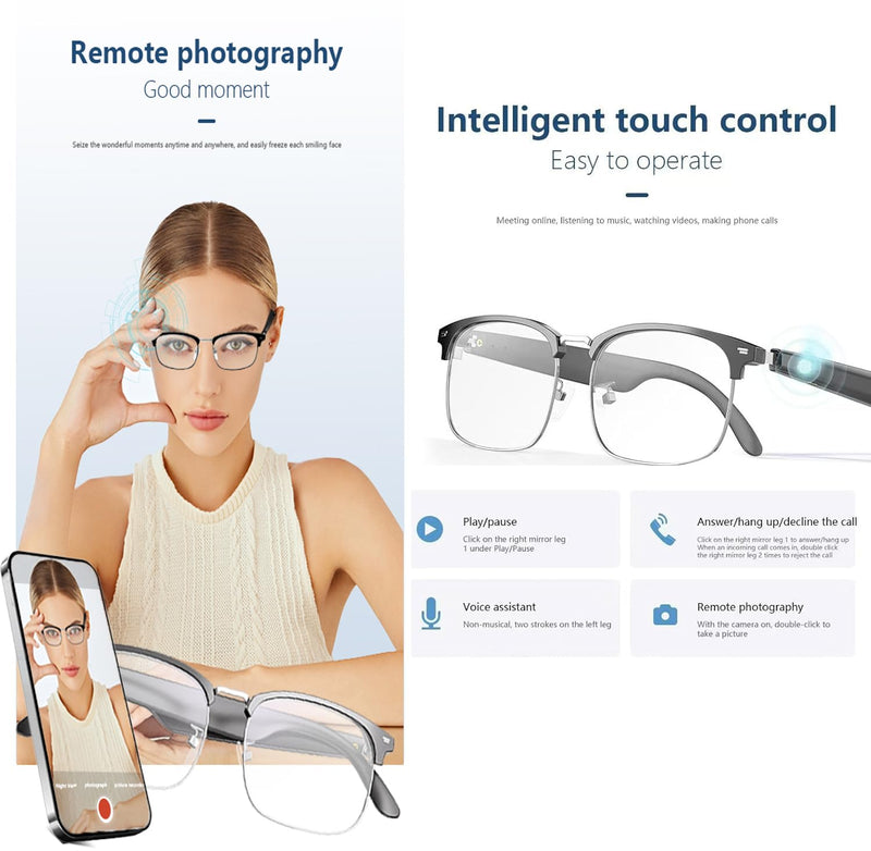 AI Translation Glasses with Over 144 Languages Real-Time Translation | Touch Control,Voice Assistant, Anti-Blue Light, Smart Music Glasses, Great for students, travel and Business Negotiation