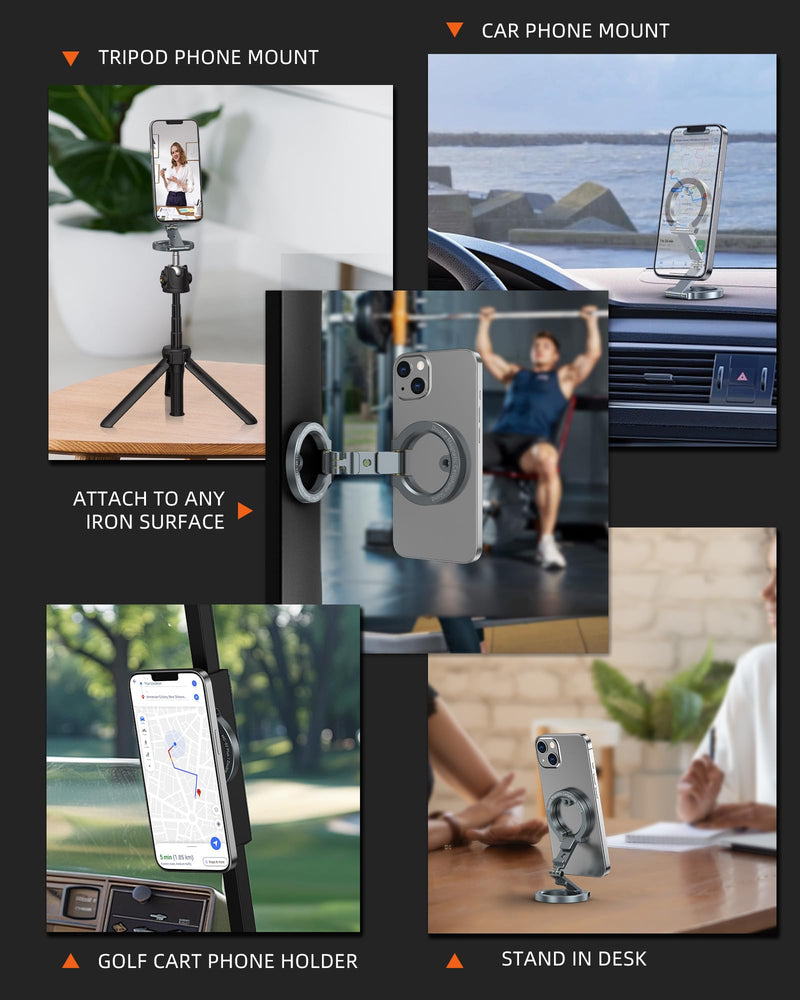 Dual Magnetic Phone Holder Compatiable with iPhone 16 15 14 13 12 Pro Max Plus Series & MagSafe Cases, MG-02 Plus 1/4"-20 Phone Tripod Mount, Gym Magnetic Phone Stand Travel