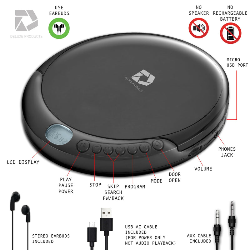 Deluxe Products CD Player Portable with 60 Second Anti Skip, Stereo Earbuds, Includes Aux in Cable and AC USB Power Cable for use at Home or in Car Black_CD