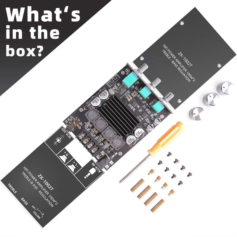 100W+100W Amplifier Board with Treble and Bass Control, DC 9-24V, BT and AUX Inputs, 2.0 Channel Stereo AMP Board for DIY Wireless Speakers, Password Free (ZK-1002T) ZK-1002T