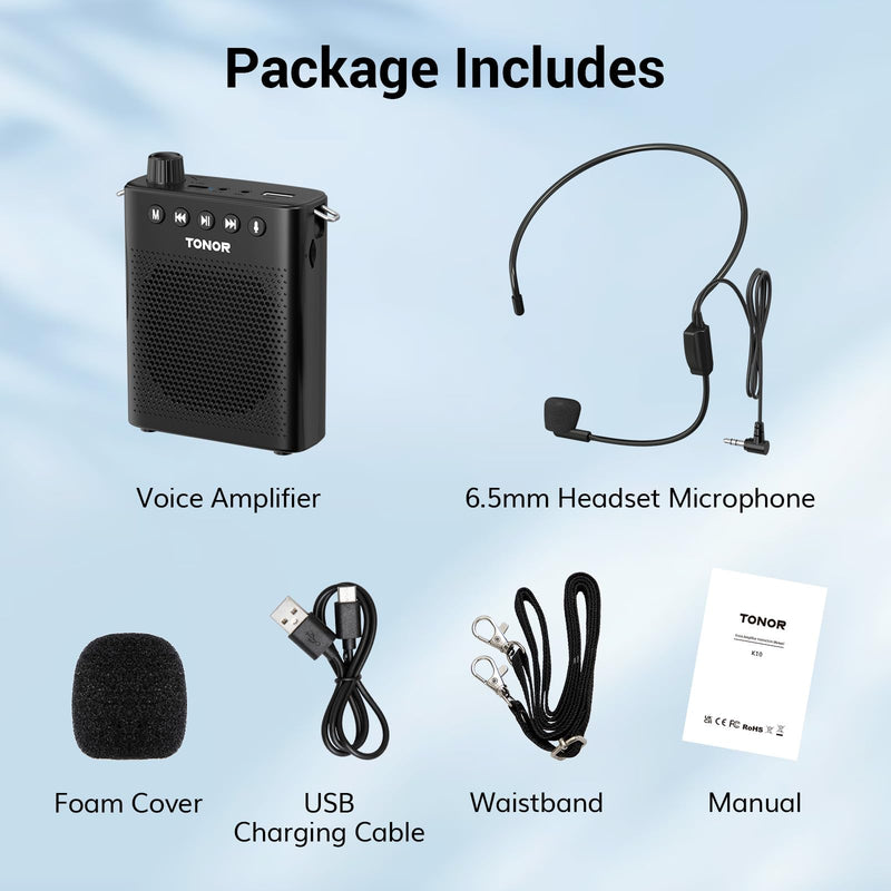 TONOR Portable Voice Amplifier for Teachers, Rechargeable Mini Pa System with 100 cm/3ft Wired Headset Microphone and Waistband, Megaphone Speaker for Classroom, Training, Yoga, Tour Guides K10