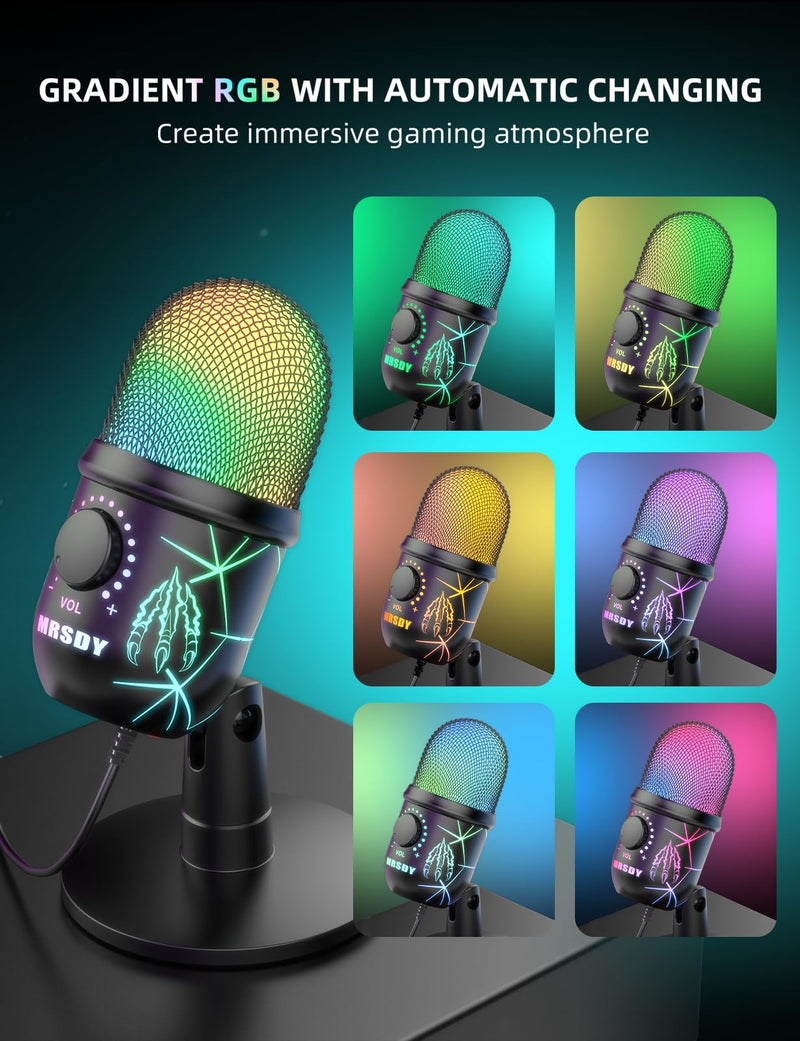 USB Microphone, Plug and Play Gaming Mic for PC, Mac, PS4/5, Podcast Microphone with RGB, Mute, Monitor, Noise Reduction, Volume Gain, Great for Recording, Streaming V5 Mic