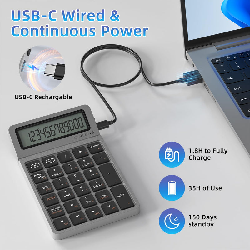 2-in-1 Wireless Bluetooth Number Pad, Bluetooth 5.0 & 2.4G Numeric Keypad with Calculator & Adjustable Screen, USB C Rechargeable Numpad for Laptop, Mac, iMac, Windows,Tablet, PC Desktop - 33ft Range