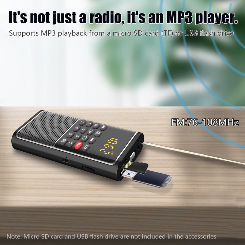 B01 Mini Portable FM Radio USB Player, TF/SD Card/USB Slot Support Mp3 Play Rec,Pocket Walkman Small Radio with Lock Key,Wristband,Rechargeable Battery Operated, Excellent Reception and Sound BLACK