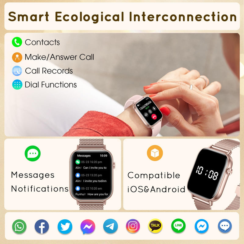 Smart Watches for Women,1.83" HD Watch with Calls and Messages/Heart Rate/Sleep/Female Cycle,Fitness Tracker Smartwatch for Android/iOS Compatible,Gold & Pink