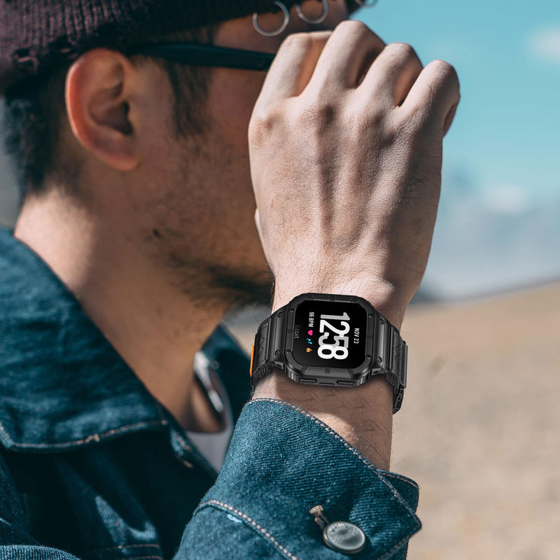 MioHHR Nylon Bands with Stainless Steel Case for Fitbit Versa 4 3 2 1 Lite | Breathable Adjustable Strap and Metal Protective Cover Compatible with Fitbit Sense 2 1 for Men 6.1"-8.9",Durability Black Large-（6.7''-8.9''）