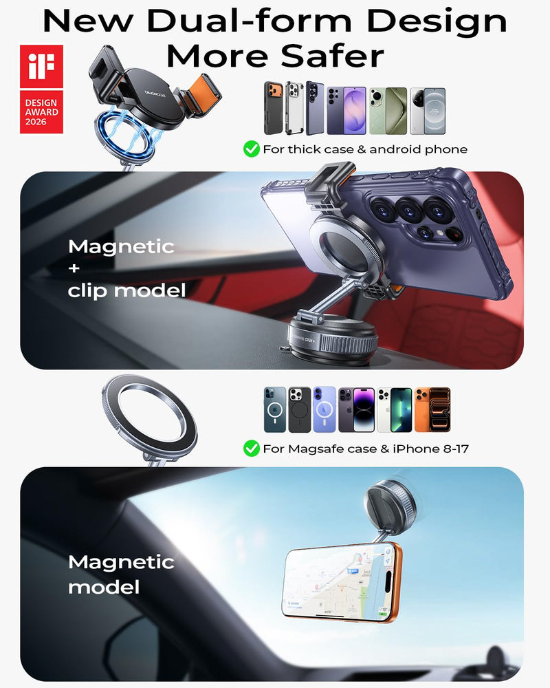 DIMONCOAT【Upgraded Vacuum Magnetic Phone Holders for Your Car for Magsafe | 【119+LBS Strongest Suction】360° Adjustable Car Phone Holder Mount for iPhone 17 Pro Max Samsung Galaxy S26 BLACK GREY - 6X STABLE