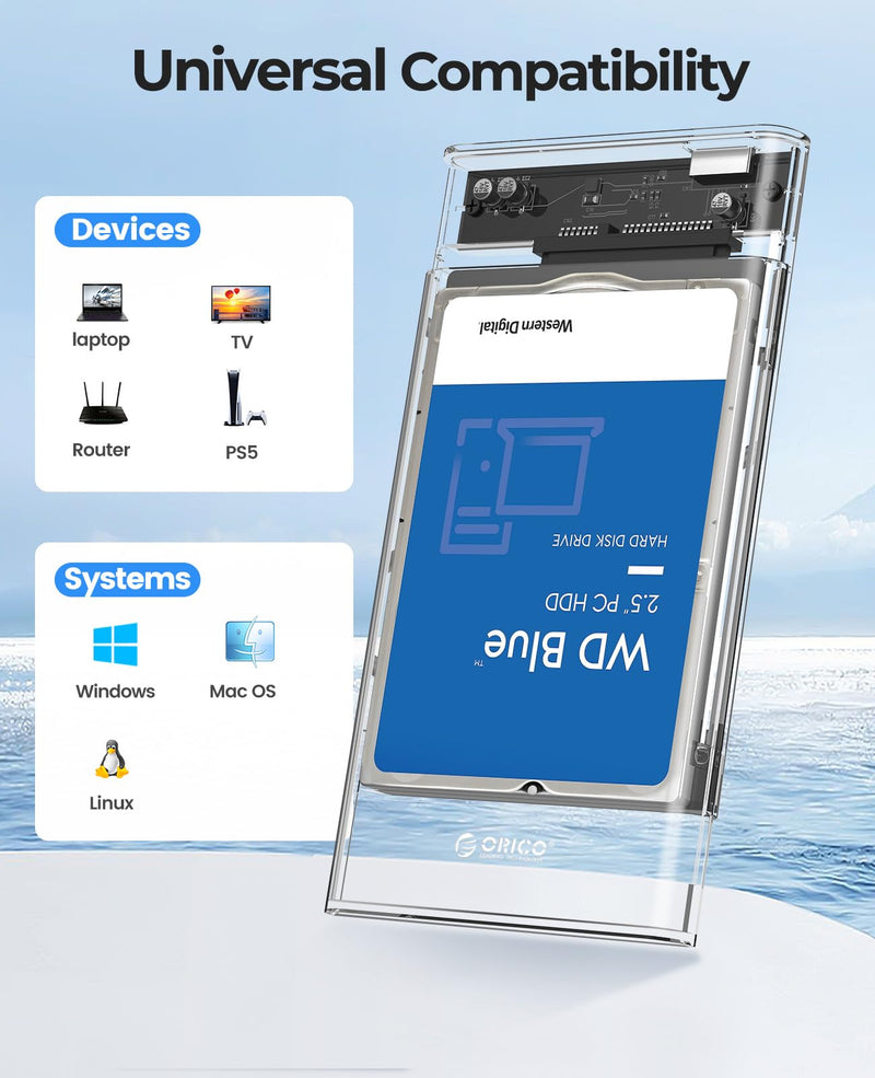 [AUSTRALIA] - ORICO 2.5'' External Hard Drive Enclosure USB 3.0 to SATA III Tool-Free Clear Hard Disk Case for 2.5 inch 7mm 9.5mm SATA HDD SSD Max 6TB Support UASP(2139U3) 