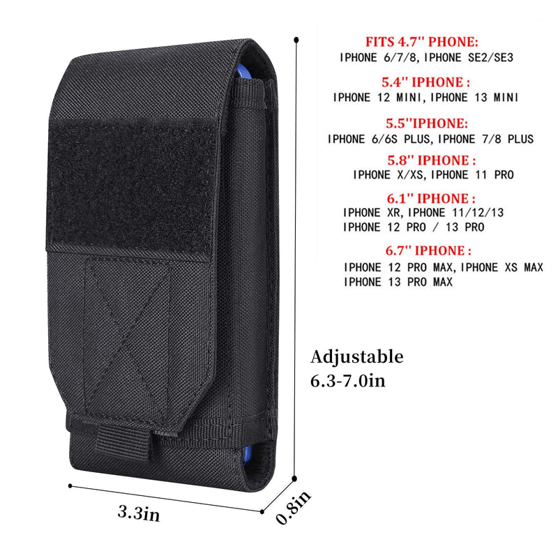 Black Tactical Molle Cellphone Pouch Case,Heavy Duty Waterproof Phone Holster Bag for iPhone 11 12 13 Pro Max Samsung S22 S21 S20 FE Note 20 A13 A12 A02S Less 6.7" Phone with US Flag Patch Black & 1 Gray Patch