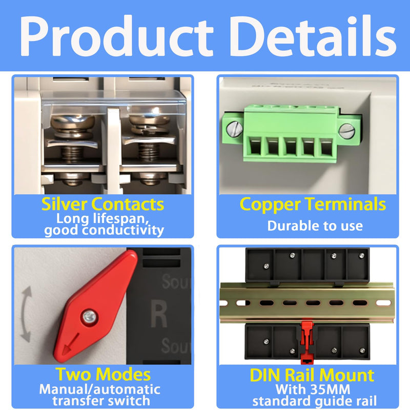 [AUSTRALIA] - Mini ATS Automatic Transfer Switch Dual Power Changeover Switch 100A 110V Generator Electrical Selector Switches DIN Rail Mount 2P/3P Circuit Breaker Toggle Controller 110V 100A 2P(with DIN rail) 