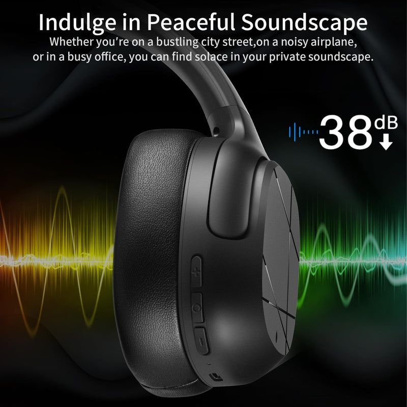 Active Noise Cancelling Headphones, Wireless Over-Ear Bluetooth, HiFi deep bass, Foldable Headphones, Transparent Mode, 50H Long ANC Playtime, Durable Headset for Traveling/Gym Use/Home (Black) Black
