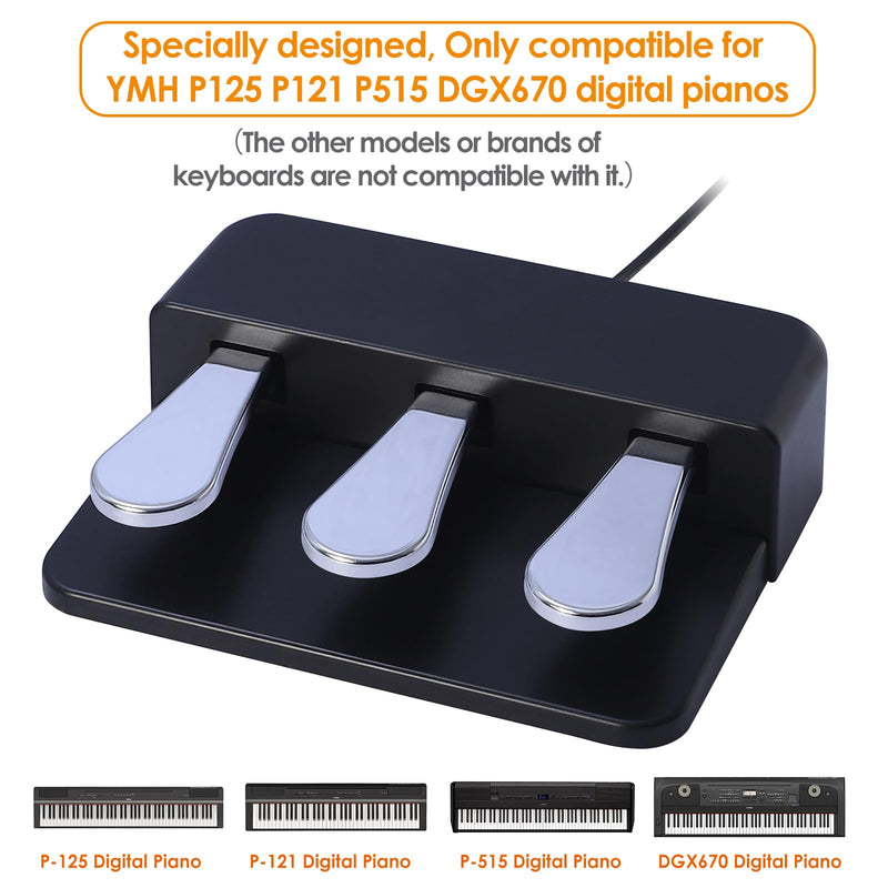 Portable 3-Pedal Board unit for Electric pianos keyboards, Soft & Sostenuto & Sustain pedal 3-Pedal Compatible With Yamaha P125 P121 P515 DGX670 Digital pianos keyboards (Black + Silver) Black + Silver