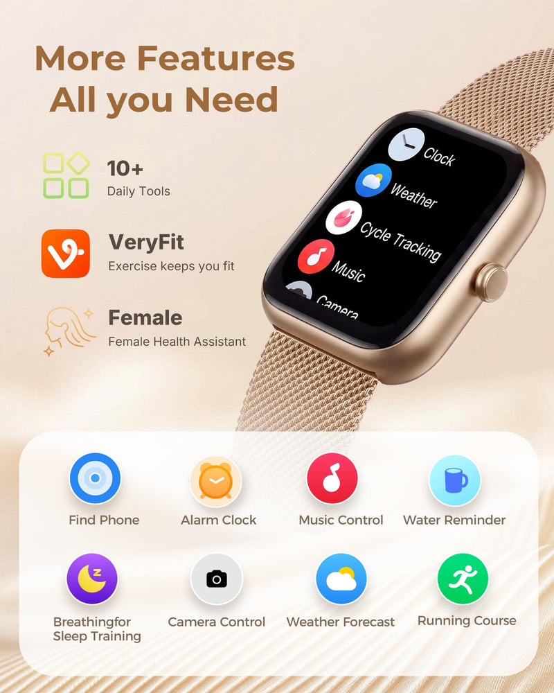 Smart Watches for Women Android/iPhone, Fitness Trackers with Answer/Call | Sleep Tracker/Step Counter/Heart Rate/SpO2 Monitor, Health Watch for 100+ Sports Modes, IP68 Waterproof, 2 Changeable Bands Gold