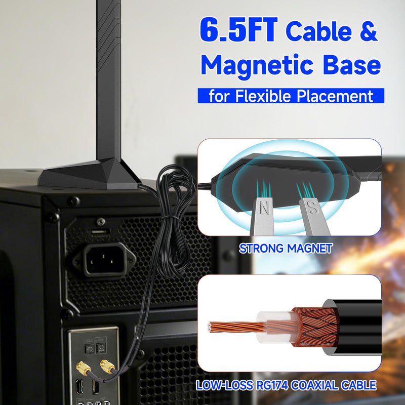 Eightwood WiFi 6E Antenna Tri-Band 6GHz 5GHz 2.4GHz RP-SMA Antenna | Magnetic Base, for Desktop PC ASUS Gigabyte Aorus Gaming Motherboard PCIe Bluetooth Card
