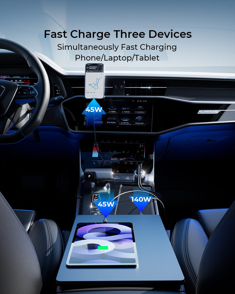 SUNDA 230W USB C Fast Car Charger, 3-Ports Mutiple Car Charger Adapter, Fast Charging PD140W/PPS63W/QC45W Compatible with iPhone17/16/15/MacBook/iPad/Laptop/SamsungS25, Cigarette Lighter USB Charger