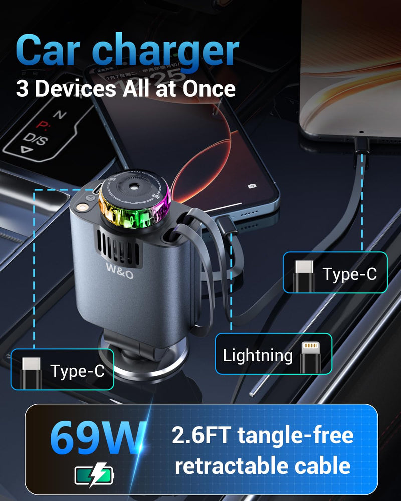 W & O Car Charger Fast Charging for iPhone，Retractable car charger with Aromatherapy and Starlight,69W 5 in 1 Fast Charging Car Charger,Car Charger Adapter for iPhone 17/16/15 Pro Max, Galaxy S25(Red) Red Light