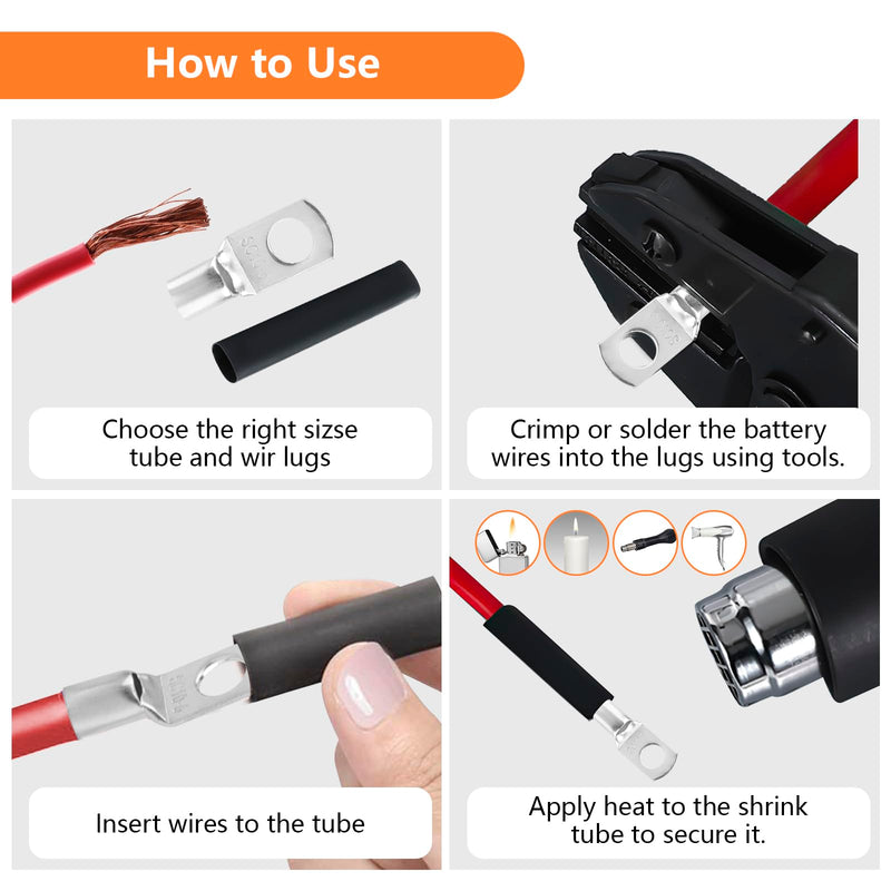 Tube Cable Lugs Cable Lugs Set, 140 Pieces Wire End Ferrules 6 mm² 10 mm² 16 mm² 25 mm² for Car Battery Cable Distribution Boxes, Diameter M6/M8 Ring Terminals Set with 70 Heat Shrink Tubing 2: 1