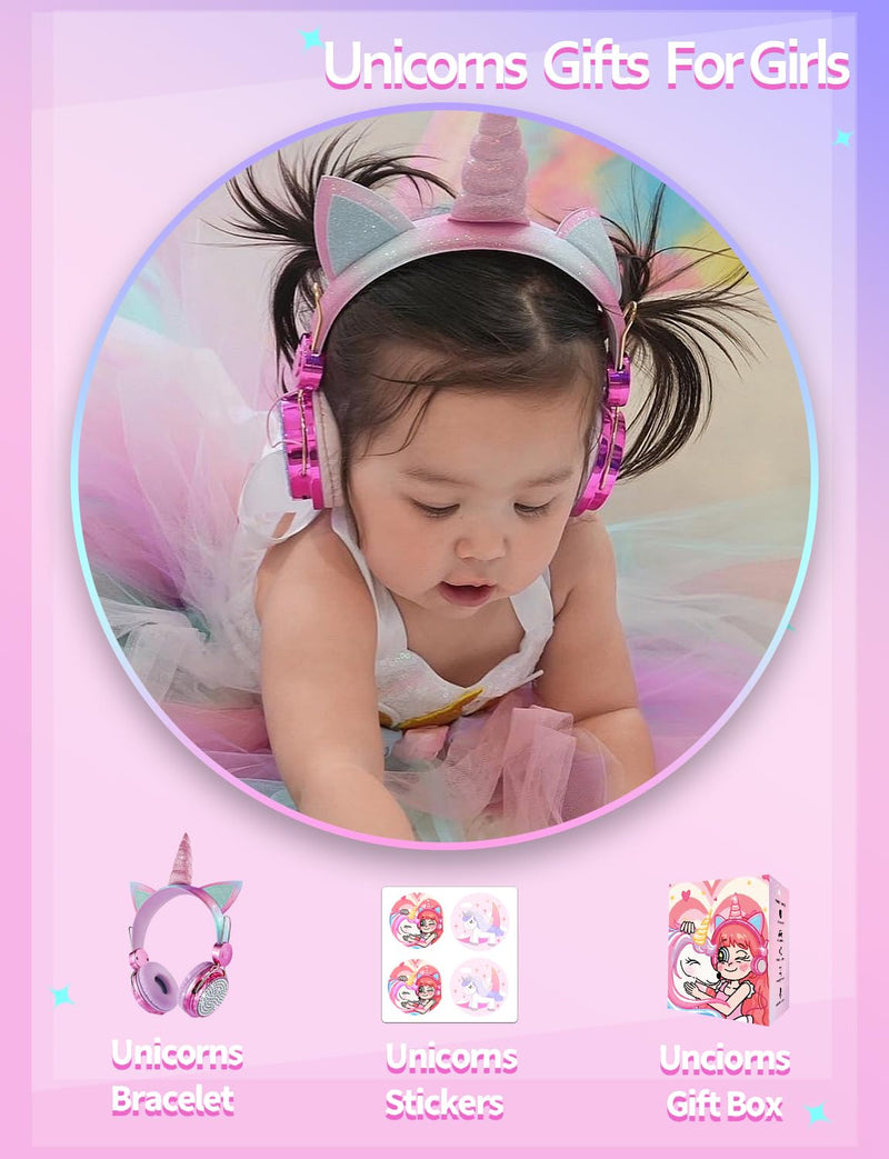 [AUSTRALIA] - Kids Unicorns Headphones with Mic for School/Travel,95dB Volume Limited,Shareport,On/Over Ear Wired Headsets with Nylon Cable-Hot Pink Rose2 