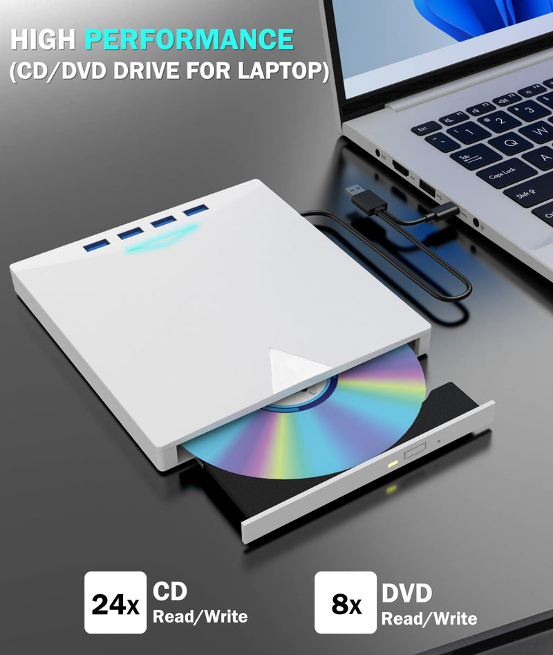 [AUSTRALIA] - External CD/DVD Drive for Laptop PC,8 IN 1 LED Portable DVD Drive CD Burner CD-ROM DVD-/+RW Writer Reader with TF/SD Card Slots,USB 3.0 DVD Drive External,Compatible with Mac,Windows 11/10/8/7,Linux White 