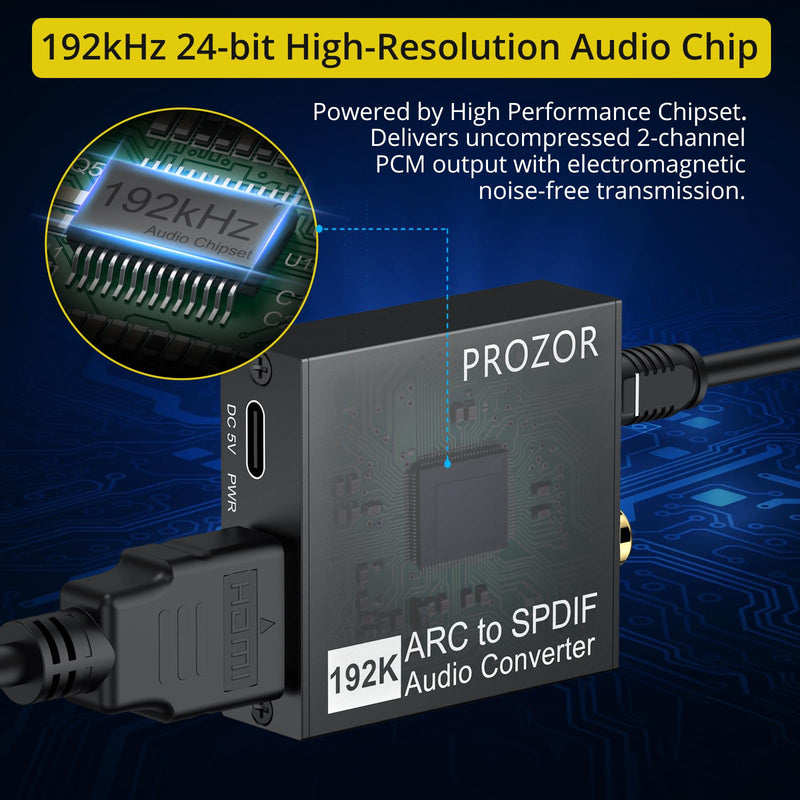 PROZOR 192KHz HDMI ARC to Optical Audio Adapter, 7ft/2.1m ARC Audio Extractor, HDMI(ARC) to Optical Toslink/Coaxial Converter, for TV to Speaker Amplifier Soundbar (Not Reversible) ARC to Optical/Coax 7ft