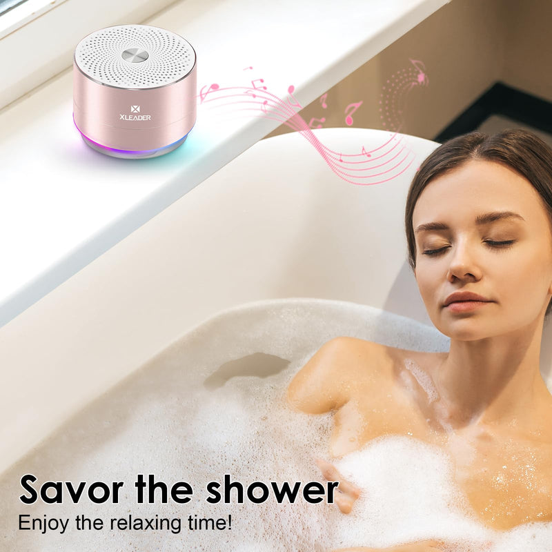 [AUSTRALIA] - Mini Bluetooth Shower Speaker, IPX6 Waterproof Speaker, with RGB Lights, Mic, Portable Silicone Lanyard, Suction Cup, Clear Sound&Rich Bass, 12h Playtime, Small Pink Gifts for Girls Women Pink Rose Gold 