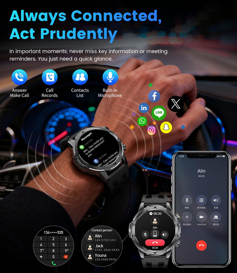 1.53'' Smart Watches for Men with 1000mAh Battery/Flashlight, Military Smart Watch with 120+ Sports Modes, Heart Rate/Sleep Monitor/IP68 Waterproof, Fitness Tracker for Android iOS, Jet Black