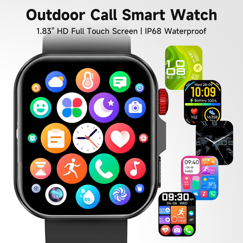 Smart Watch for Men Women, Fitness Tracker Smartwatch 1.83" HD IP68 Black | Answer/Make Call 24/7 Heart Rate/Sleep/SpO2 Monitor Waterproof 100+ Sport Modes Voice Assistant Compalible with Android & ios