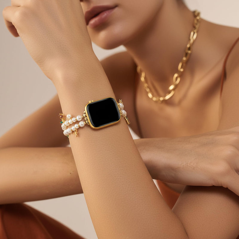 Pearl Beaded Watch Band for Women Compatible with Apple Watch 38/40/41/42/44/45/46/49mm, for iWatch 11/10/9/8/7/6/5/4/3/2/1 Ultra SE, Pendant Double-Strand Bracelet 42(Series 3 2 1)/44/45/46/49mm