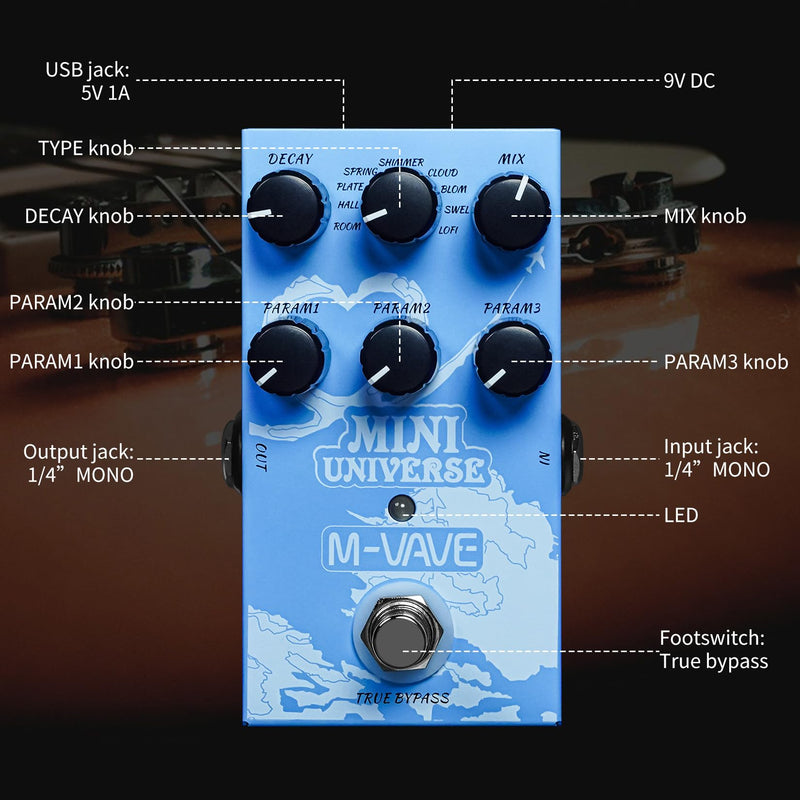 M-VAVE Mini Universe Guitar Pedal Reverb Innovation Unique Sound 9 Reverb Effects Pedals Pure Digital Dual Power True Bypass