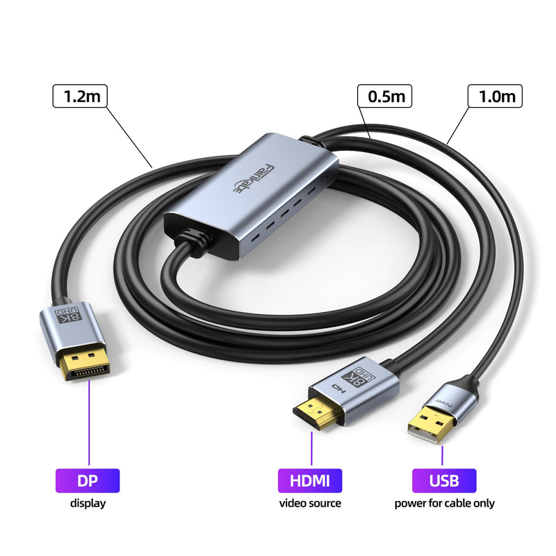 fairikabe 4K@144Hz HDMI 2.1 to DisplayPort 1.4 Cable Adapter 6FT | 4K@120Hz/8K Active HDMI Source to Display Port Monitor Cable 8K, Converter for Computer PC PS5 Xbox, Male to Male