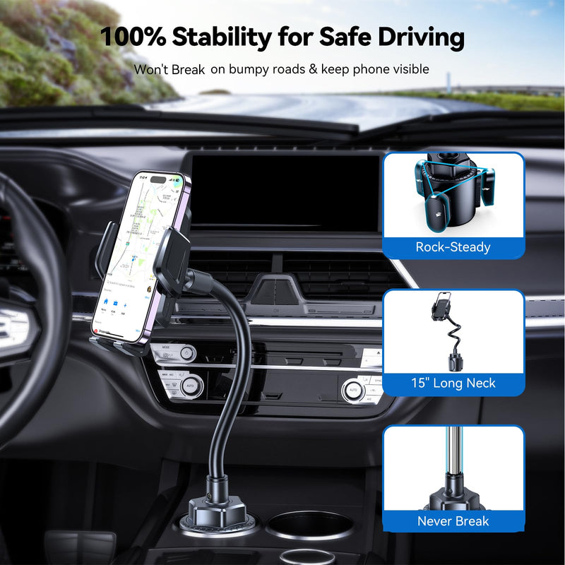 TECKNET Cup Holder Phone Holders, Adjustable Cup Holder Phone Mount | Flexible Gooseneck with Expandable Base for Stable Hands-Free Navigation and Driving Fits Most Car Cup Holders and All phones