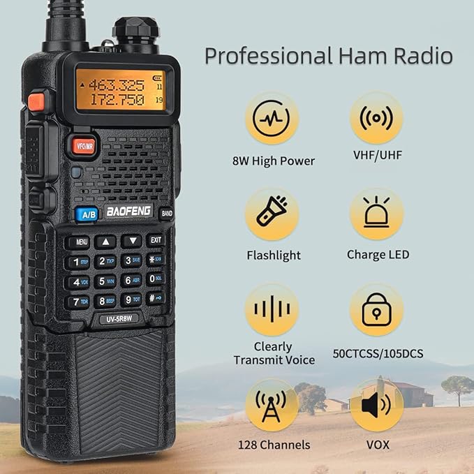 BaoFeng UV-5R Radio 8W Ham Radio Handheld Long Range Two-Way Radio Rechargeable Walkie Talkies for Adults with 3800mAh Battery and USB Charger Cable Black-1Pack+ 18.8" Antenna
