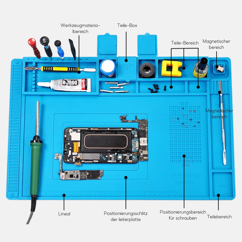 Silicone Soldering Mat, 45 x 30 cm, Heat Resistant up to 500 °C, Antistatic Repair Mat, Heat Resistant Soldering Mat, Workbench Mat for Electronics, Blue
