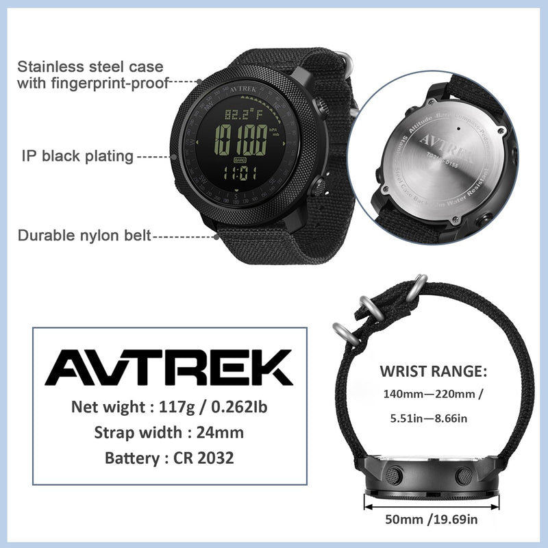 AVTREK Military Army Watch Altimeter Barometer Compass 50m Waterproof-2106 | Men's Digital Wristwatch with Backlight/Pedometer Calorie and Mileage Tracking,Outdoor Fitness Tracker BLACK