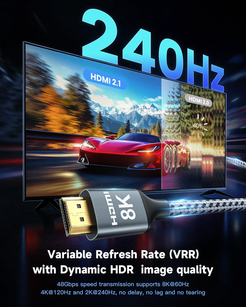 ARISKEEN 8K HDMI Cable 60FT, 48Gbps High Speed Fiber Optic HDMI 2.1 Cable, 8K 60Hz, 4K 120Hz Support for HDR 10, HDCP 2.2 2.3, Unidirectional Braided HDMI Cord Compatible with Laptop/HDTV - 60 Feet 1