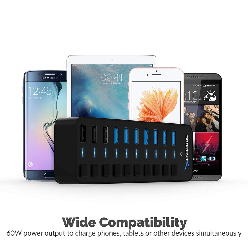 10 Port USB 3.0 Hub Includes 3 Smart Charging Ports with Individual Power Switches and LEDs and 60W 12V/5A Power Adapter+USB 3.0 to SSD/SATA/IDE 2.5/3.5/5.25-INCH Hard Drive
