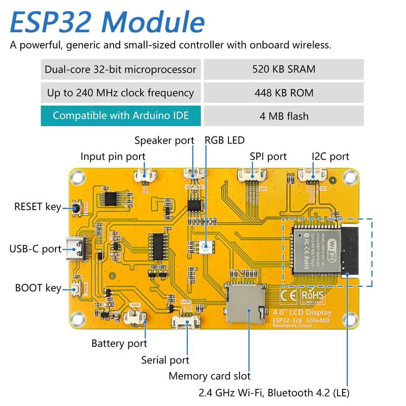 Freenove ESP32 Display CYD, 4.0 Inch Touchscreen Monitor, 320x480 Pixel TN TFT LCD Screen ST7796 Driver, Dual-core 32-bit 240 MHz Microcontroller WiFi+BT, C Code LVGL Example Projects Tutorial 4.0 Inch ST7796 TN Touch