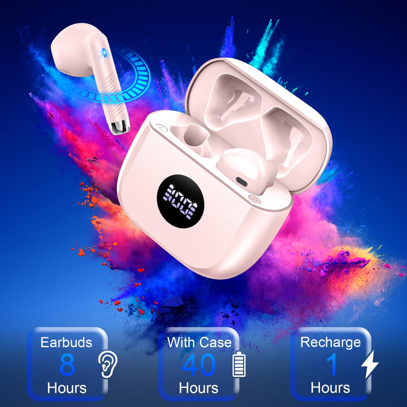 Jxrev J53 2 Pack Black and Pink Wireless Earbuds, Bluetooth Ear Buds LED Power Display Headphones Bass Stereo, Earbuds in-Ear Noise Cancelling Mic, 40H Playback Mini Case