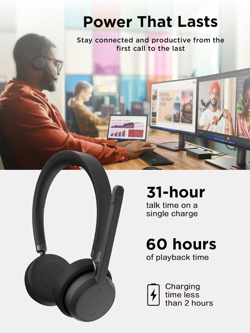 Lenovo Wireless Stereo Headset, Noise Cancelling Mic, Bluetooth 5.3 Multipoint, 31-Hour Talk & 60-Hour Playback, Lightweight 138g, Replaceable Earcups Over-Ear Comfort, Gaming, Office, & PC Use | Bluetooth headset with noise cancellation and 31-hour ta...