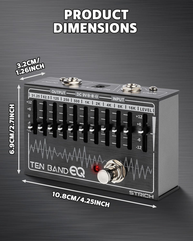 STRICH EQ Pedal for Electric Guitar,10-Band Equalizer Effects Pedal, Equalizer for Guitar and Bass, 10 Frequency Bands (31.25Hz–16kHz) with ±12dB Gain/Attenuation for Each Band, TEN BAND EQ