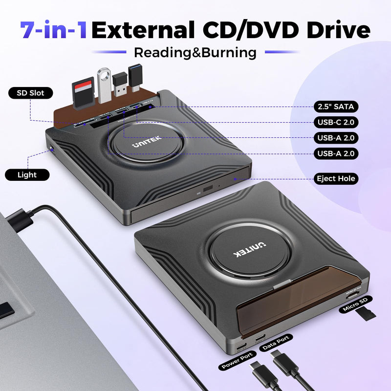Unitek External CD DVD Drive for Laptop, 7 in 1 USB C Disc Reader with SATA | Portable External Optical Disc Drive, CD/DVD +/-RW with SATA Interface CD ROM DVD Player for Laptop Desktop PC Mac Windows