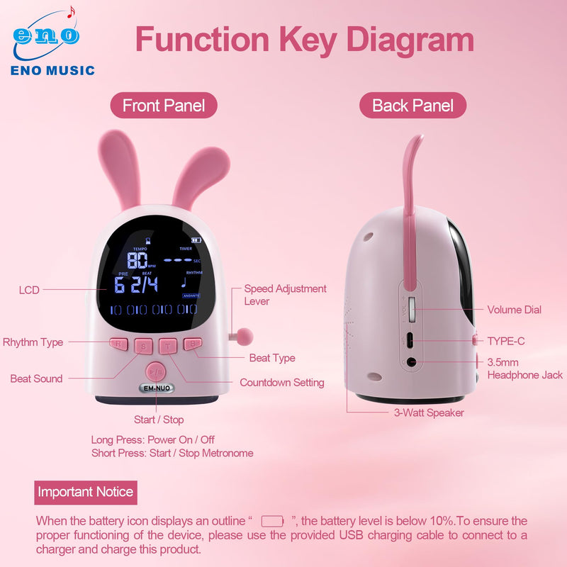 ENO MUSIC Easy Control Rechargeable Electric Metronome for Acoustic Guitar Violin Ukulele Drum Piano Players with Big Sound Digital Metronome-Rabbit