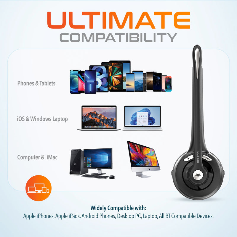 Delton Wireless Computer Headset with USB Dongle and Hook | Bluetooth Headset with Noise Canceling Mic, 15 Hrs talk time, For Computer, Cell Phone, Drivers, Office, Call Center - Black